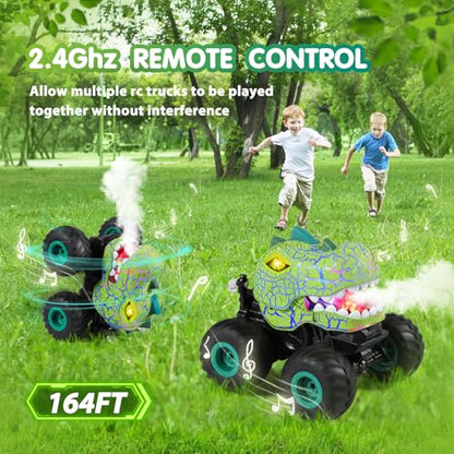 DYODYORC Remote Control Car, 2.4Ghz All Terrain Dinosaur Monster Truck Toys, RC Truck with Spay, Music, 3 Lighting Effects, Stunt Capable, Toy Gifts for Boys and Girls (Green) - color: Green