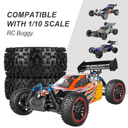 HobbyPark 12mm Hex Pre-Glued 1/10 RC Buggy Tires and Wheels Set Assembled, 3.46" (88mm) Tall for Traxxas Bandit VXL Losi Redcat Wltoys 144001 fit Brushless Motor 2S 3S Models