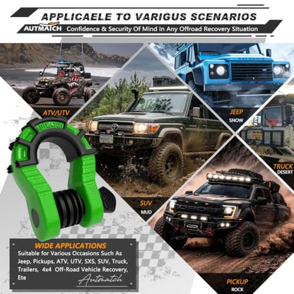AUTMATCH D Ring Shackles 3/4" Mega Shackle (2 Pack) 68,000Ibs Break Strength - Heavy Duty Clevis Shackles with 7/8" Screw Pin and Isolator Washer for Tow Strap Winch Off Road Vehicle Recovery, Green - color: Green & Black