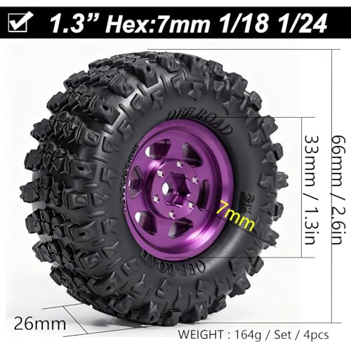 1.3” Aluminum Beadlock Wheels & Mud Terrain Tires Set for 1/18 1/24, -7.6mm Offset RC Crawler Car Fits TRX4M, Axial SCX24 AX24, Redcat Ascent-18, FCX24, 66 x 26mm, Pre-Assembled, 4 pcs Purple - color: Purple