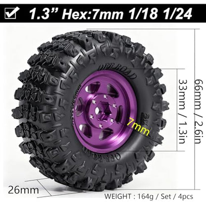 1.3” Aluminum Beadlock Wheels & Mud Terrain Tires Set for 1/18 1/24, -7.6mm Offset RC Crawler Car Fits TRX4M, Axial SCX24 AX24, Redcat Ascent-18, FCX24, 66 x 26mm, Pre-Assembled, 4 pcs Purple - color: Purple