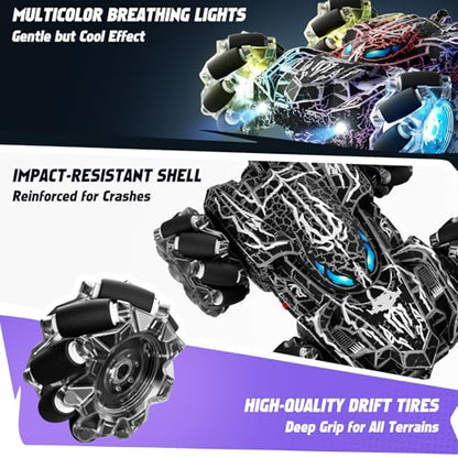 Spider Black Gesture Sensing Remote Control Car for Boy 3-12 | Double Sided RC Cars, Full-Body Light, 2.4GHz Hand Controlled, Rechargeable RC Stunt Car - color: Black