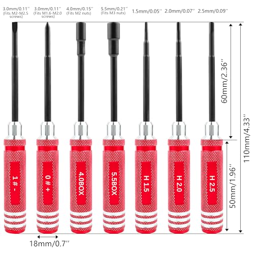 7-in-1 Mini Hex Screwdriver Set (0.05",1.5,2.0,2.5mm) & Box Wrench (4.0,5.0,5.5mm) Nut Screw Driver|RC Tool Kit|Phillips| Compatible with TRX4M SCX24 1/24 1/18 1/16 RC Cars Drone Repair(Red) - color: Red