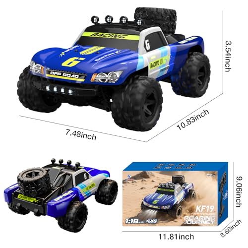 1/18 Fast RC Car for Adults, 4WD Electric Off-Road RC Moster Truck, 30KM/H High Speed RC Car W/ 2 Batteries for Hobby RTR Gifts - color: Kf19-blue