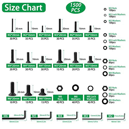 1500PCS Screw Assortment Kit, M2-M6 10.9 Alloy Steel Hex Flat Cap Bolts | With Nuts & Flat Washers & Lock Washers & Wrench, Black Zinc Plated High-Tensile, Length 10-20mm, for 3D Printing, DIY, Home - size: M2 M3 M4 M5 M6 1500pcs 1
