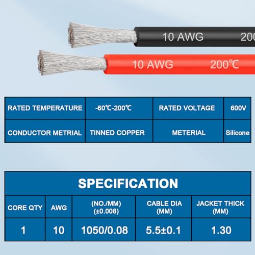 10 Gauge Silicone Wire (25ft Red & 25ft Black), 10 AWG Electrical Cable 0.08mm Tinned Copper Core High Temperature Resistant Wire, Soft and Flexible for RC Cars, Boat, Drones etc - size: 25FT, style: 10AWG
