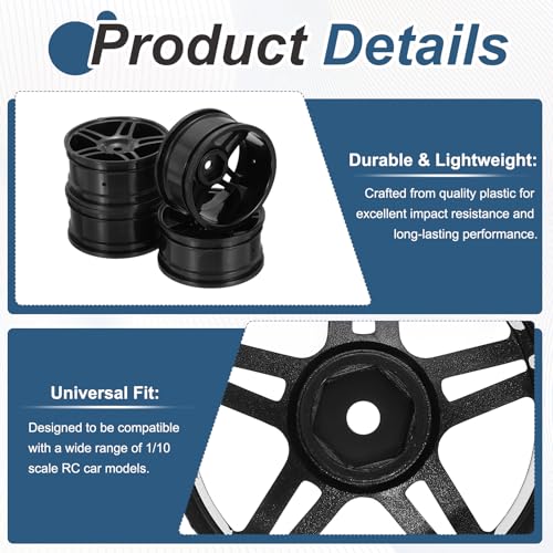 MECCANIXITY 4Pcs RC Car Wheel Rims, 52mm Diameter 5-Star Hole Black Plastic Wheel Rims Hex Hub for HSP 1:10 RC Drift Racing Touring Car