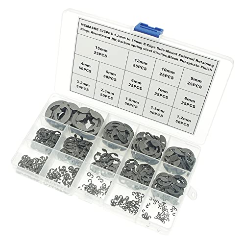 525PCS 14 Kinds Metric E-Clips Side-Mount External Retaining Rings Assortment Kit,1.2mm to 15mm Nominal Diameter,Black Phosphate Finish
