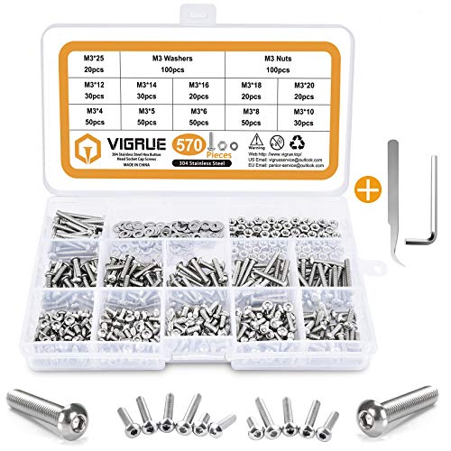 VIGRUE 570PCS Stainless Steel M3 Button Head Hex Socket Cap Screw Bolts, M3 x 4/5/6/8/10/12/14/16/18/20/25mm Screw and Nuts Flat Washer Assortment Kit, Fully Machine Thread - size: M3 Button silver