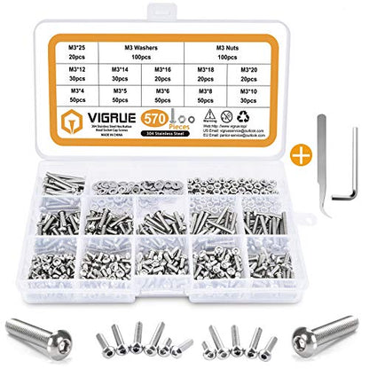 VIGRUE 570PCS Stainless Steel M3 Button Head Hex Socket Cap Screw Bolts, M3 x 4/5/6/8/10/12/14/16/18/20/25mm Screw and Nuts Flat Washer Assortment Kit, Fully Machine Thread - size: M3 Button silver