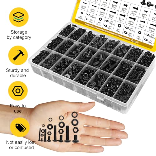2200PCS M2 M3 M4 M5 Metric Screws Assortment Kit, Hex Socket Button Head Assorted kit, Machine Screw Set with Nuts & Washers,10.9 Alloy Steel Black Zinc Plated for 3D Printing - size: M2M3M4M5 2200pcs