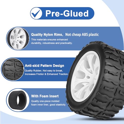 Pre-Glued GoHobby 1/10 RC Truck Tires 2.8" and 12mm Hex Wheels Fits for Traxxas Slash Rustler 4X4 Redcat Volcano EPX Pro Team Associated MT10 (Set of 4)