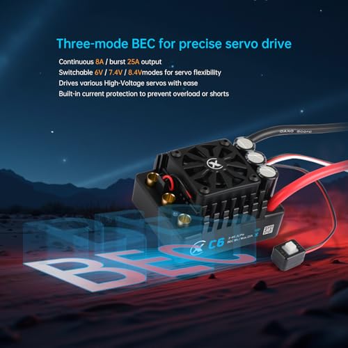 XC C6 Sensorless Brushless ESC for RC Car,3-8S Lipo,200A Continuous Current,8-25A、6.0/7.4/8.4V BEC,Applicable to 1/6 1/7 On Road Truck Monster