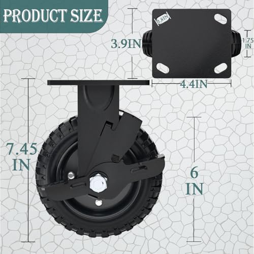 6 Inch Rigid Heavy Duty Caster Wheel with Brake, Set of 2 | All-Terrain, Alloy Bracket, 850 Lbs Capacity, Solid Rubber Tires, Flat Free, for Carts, Workbench, Warehouse, DIY Tools - size: 6 Inch