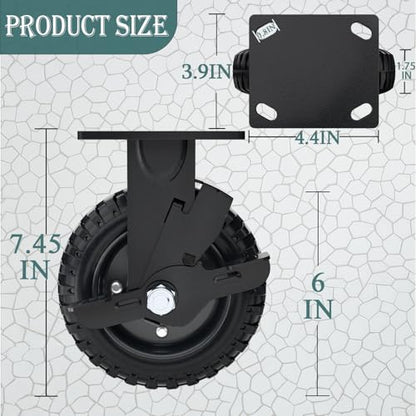 6 Inch Rigid Heavy Duty Caster Wheel with Brake, Set of 2 | All-Terrain, Alloy Bracket, 850 Lbs Capacity, Solid Rubber Tires, Flat Free, for Carts, Workbench, Warehouse, DIY Tools - size: 6 Inch