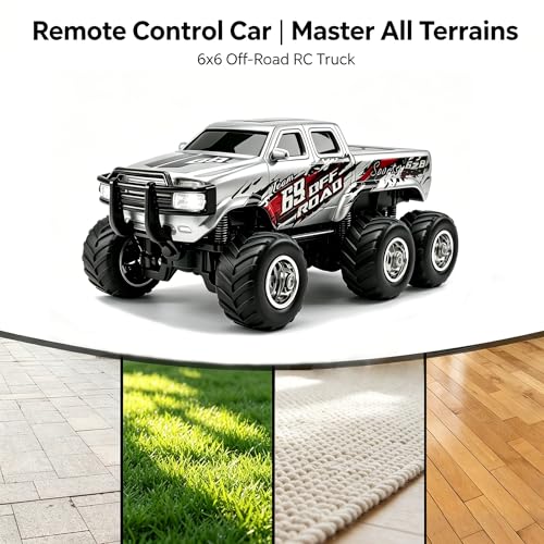 haomsj 1/64 Mini Rc Monster Truck 6x6 Off Road Remote Car for Kids & Adult | Sturdy Metal Car|3 Speeds|2.4G Flexible Remote Control|Long Lasting|Fast Charge|All-Terrain|Gift for Boys Age 3-12 - color: Gray