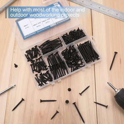 JEGONFRI 209PCS Black Wood Screw Assortment Kit, 6 Sizes Flat Head Phillips | Great for Home Improvement, Sturdy Steel, Rustproof, Handy Storage Case, Sizes: 2",1-1/2",1-1/4",1",3/4",1/2" - style: 209 Black Screws