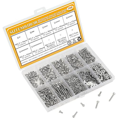 705 Pieces M2.5 Screws Nuts Washers Set, Sutemribor M2.5 x 4/6/8/10/12/16/20mm Hex Socket Head Cap Screws Nuts Washers Assortment Kit, 304 Stainless Steel, Fully Threaded - size: M2.5 Screws Kit, style: Socket Head