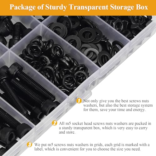 245 Pieces M5 Screws Nuts Washers Set Black, Sutemribor M5 x 6/8/10/12/16/20/25mm Hex Socket Head Cap Screws Nuts Washers Assortment Kit, 12.9 Grade Alloy Steel, Fully Threaded - size: M5, style: Socket Head