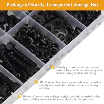 245 Pieces M5 Screws Nuts Washers Set Black, Sutemribor M5 x 6/8/10/12/16/20/25mm Hex Socket Head Cap Screws Nuts Washers Assortment Kit, 12.9 Grade Alloy Steel, Fully Threaded - size: M5, style: Socket Head
