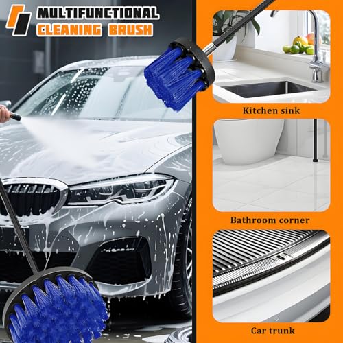 4PCS Drill Brush Attachment Kit with Extension Rod, Blue | PP bristles with steel shafts, three brush sizes, quick-change extension rod, follows curved surfaces, compact storage - color: Blue