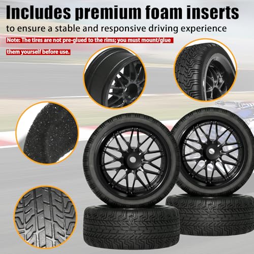 OD 2.65" On Road Rubber Tires Nylon Wheels- 12mm Hex for 1/10 RC Racing Car | Compatible with MJX HSP Tamiya HPI Kyosho Traxxas Sakura Redcat WLtoys 1/10 RC On-Road Racing Touring Car (4pcs, Black) - style: D-Black