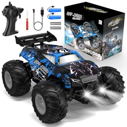 All-Terrain Remote Control Car for Boys Christmas Kids Rechargeable | Monster Rc Truck with LED, 1:20 10KM/H, 2 Motors, 2.4GHZ, Speed Friendly, Sturdy Rc Cars for Christmas Kids 6+, Beginner - color: Blue
