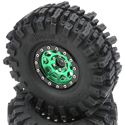 RC 1.9 Mud Slingers Tires Soft Sticky Tyre 120mm & 1.9 Beadlock Wheel Green Black For 1/10 Rock Crawler Axial SCX10 Capra Traxxas TRX4 Redcat Gen8, (4-Pack) - color: Green & Black