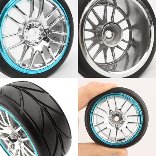 RC 1/10 Scale On Road Tires OD2.55 Replacement Rubber Wheel Rims 12mm Hex Compatible with Traxxas 4 Tec 2.0 Tamiya TT01 XV01 Kyosho WR8 Sakura WLtoys HPI Touring Racing Car - color: Blue