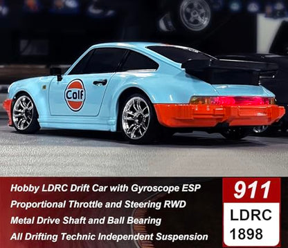 HLSFWDRIVE LDRC Drift Car with Gyro 1/18 RC Drift Car RWD Race | Hobby RC Car for Adult with Gyroscope Full Proportional Metal Drive Shaft Independent Suspension Alloy Shell LD1898