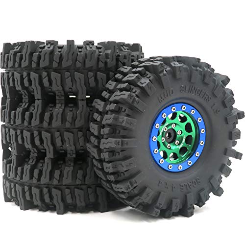 Soft Sticky 1.9 Mud Slingers Tires T8 Tyre 120mm/4.72inch & 1.9 Beadlock Wheels Green Blue Color For 1/10 Rock Crawler Traxxas TRX4 Axial SCX10 Redcat Gen8, (4-Pack) - color: Green & Blue