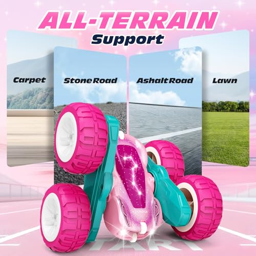 Tecnock Pink Remote Control Car for Girls and Boys, 2.4GHz RC Cars with USB-C Easy Charging, 4WD Double Sided 360° Rotates and Flips RC Stunt Car, Toys Gift for Kids Ages 6-8, 8-12 - color: Pink