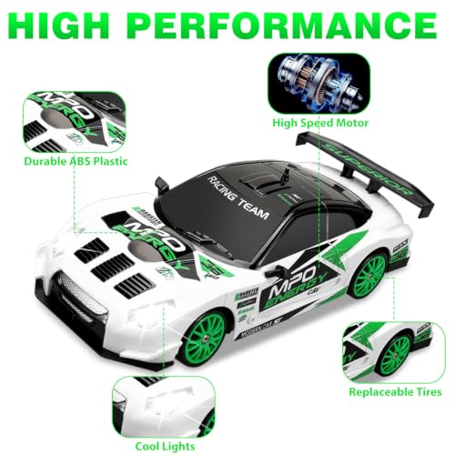 Remote Control Car 2.4GHz 1:24 Scale 4WD RC Drift Car 15KM/H High Speed Drifting RC Cars with Cool Lights Extra Tires Toys for Kids Boys Girls Adults, Green - color: L.white - Green