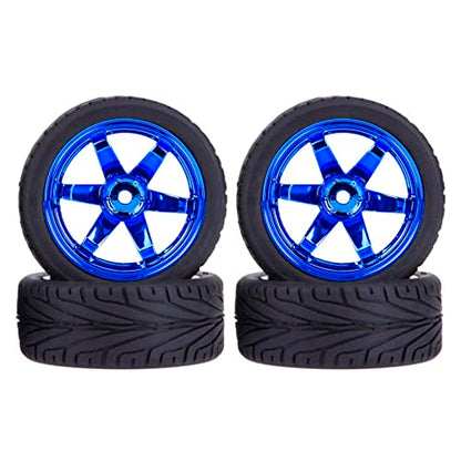 4PCS 1:10 RC Tires and Plastic Wheels Rims for 1/10 Scale On Road Touring Racing Drift Car HSP HPI Tamiya (Blue) - color: Blue