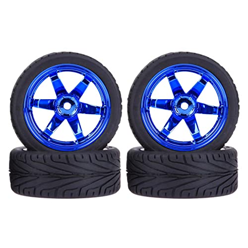 4PCS 1:10 RC Tires and Plastic Wheels Rims for 1/10 Scale On Road Touring Racing Drift Car HSP HPI Tamiya (Blue) - color: Blue