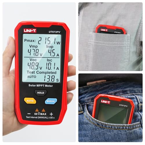 UNI-T UT673PV Solar Panel Tester, Solar MPPT Meter, 800W Photovoltaic Module Maximum Power Tester, Intelligent Manual/Auto MPPT Test, Large LCD and Multiple Result Displays