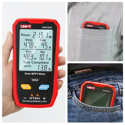 UNI-T UT673PV Solar Panel Tester, Solar MPPT Meter, 800W Photovoltaic Module Maximum Power Tester, Intelligent Manual/Auto MPPT Test, Large LCD and Multiple Result Displays