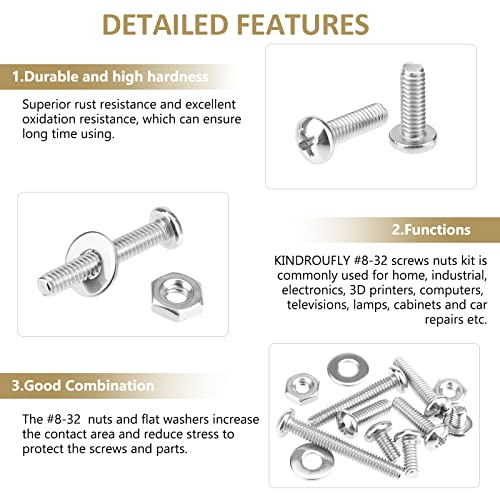 202 Pieces #8-32x 1/4", 5/16", 3/8", 1/2", 5/8", 3/4", 1", 1-1/4", Phillips Pan Head Machine Screws Nuts Washers Assortment Kit, 304 Stainless Steel, Fully Machine Thread - size: #8-32