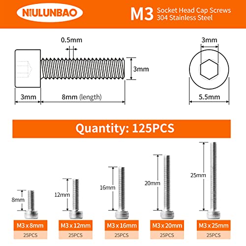 M3 x 8mm 12mm 16mm 20mm 25mm Hex Socket Head Cap Screws Bolts, 304 Stainless Steel, Metric Machine Fully Threaded, Bright Finish, Allen Hex Drive, Assortment Kit 125PCS - size: M3 x 8/12/16/20/25mm (125PCS)