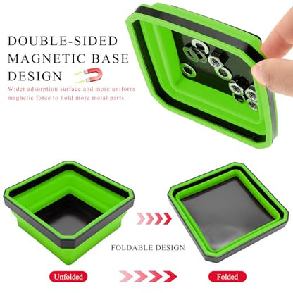 Collapsible Magnetic Parts Tray, 4.5" Square Silicone Tool Tray with Dual-Sided Magnetic Base, Foldable Small Metal Parts Organizer Storage Bowl for Screws Bolts Nuts Washers (Green) - color: Green