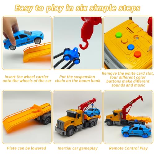2.4GHz Remote Control Tow Truck for Kids – RC Log Truck with Racing Car, 4 Channel RC Transport Crane Vehicle Toy with Lights & Sounds, 28PCS Traffic Signs, 2 Batteries – Birthday Gift for Boys Girls