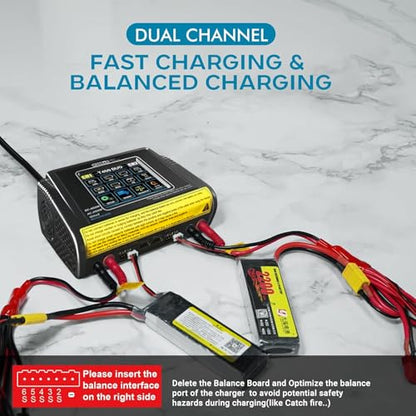 Dual Channel RC Lipo Battery Charger with Touchscreen LCD – 200W AC/400W DC, 12A×2 Fast Charging, Smart Balance Charger for LiPo/LiHV/Life/Pb/NiCd/NiMH/Smart Batteries (1S-6S)