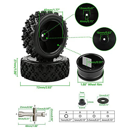 4pcs 1/10 On-Road Wheels and Tires 12mm Hex Black Hard Dish Wheel and Rally Block Tyre for Street Racing Car Kyosho Tamiya Traxxas HPI etc, with Lock Nuts Washers Wrench Replacement Parts - color: Black