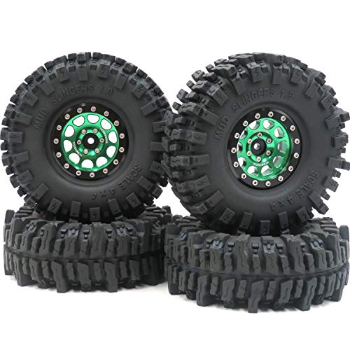 RC 1.9 Mud Slingers Tires Soft Sticky Tyre 120mm & 1.9 Beadlock Wheel Green Black For 1/10 Rock Crawler Axial SCX10 Capra Traxxas TRX4 Redcat Gen8, (4-Pack) - color: Green & Black
