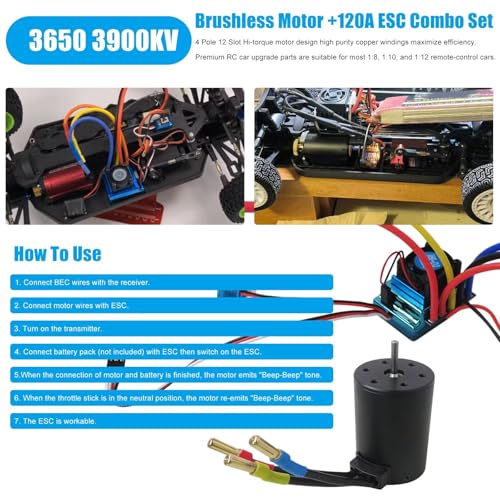 2026 Upgrade 3650 3900KV Brushless Motor +120A ESC Combo Set for 1/10 1/8 RC Car Accessories