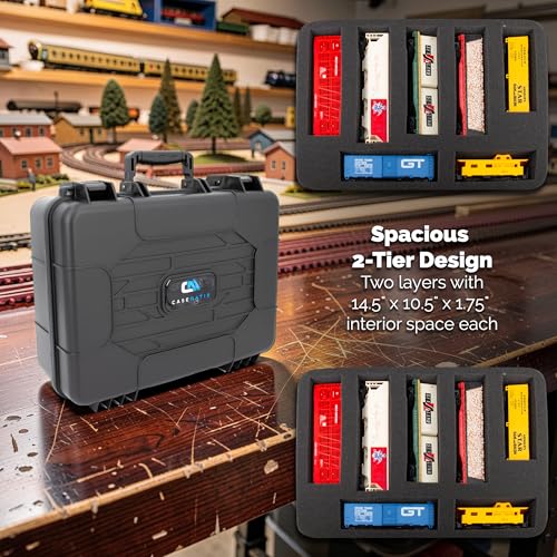 CASEMATIX HO Train Storage Box – Hard Shell Model Train Case with Dual-Layer Pluck Foam, Custom Model Train Storage for Locomotives, Cars & Accessories