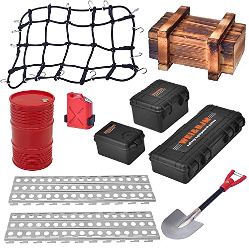 GLOBACT 10 Pcs RC Crawler Accessories Roof Decoration for 1/10 RC Crawler | Luggage Net, Oil Drum, Wood Box, Fuel Tank, Recovery Board, Toolbox, Shovel