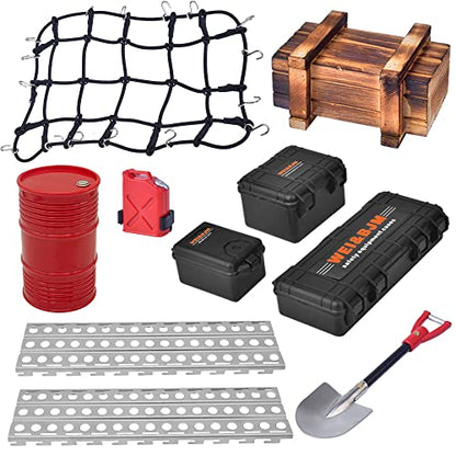 GLOBACT 10 Pcs RC Crawler Accessories Roof Decoration for 1/10 RC Crawler | Luggage Net, Oil Drum, Wood Box, Fuel Tank, Recovery Board, Toolbox, Shovel