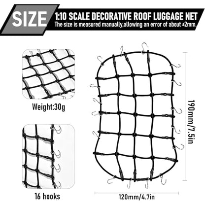 1/10 RC Elastic Cargo Net 19×12cm with Hooks, Scale Luggage Net for TRX4 | Compatible with TRX4 SCX10 D90 Axial 90046 1/10 RC Crawler Truck Accessories (Black) - color: Black
