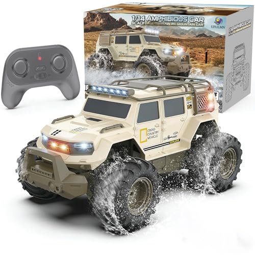 Amphibious Remote Control Car 1:14 Electric Vehicle 4WD for Boys Age 8-12, Offroad Waterproof RC Truck All Terrain RC Drift Cars Beach Pool Toys Gifts for Kids - color: Beige